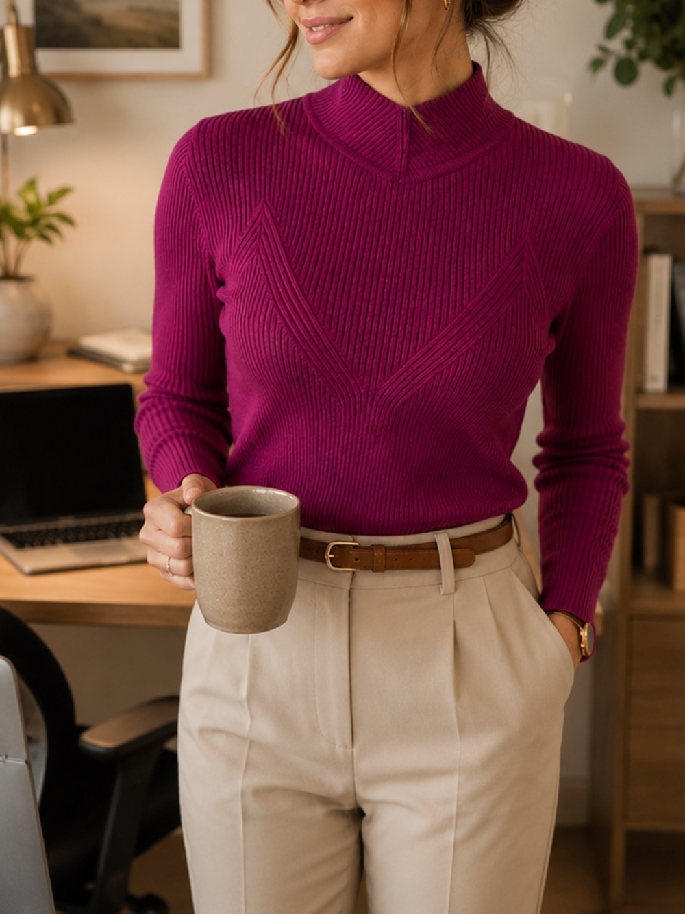 RW&CO Ribbed Mock Neck Sweater Size Small Magenta Long Sleeve Knit Office Chic